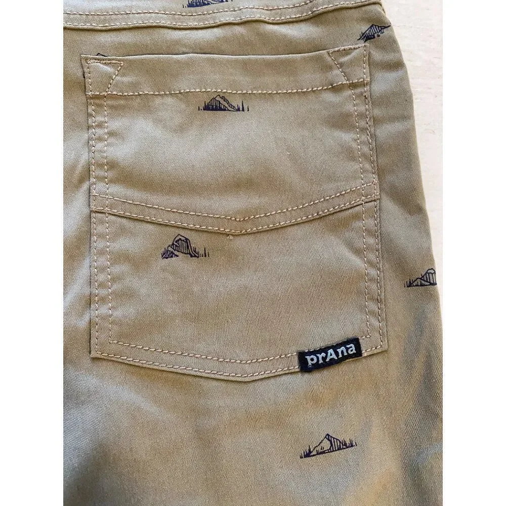 Prana Mens Shorts Slate Green 28” Waist Stretch Slim Fit Mountain Print NEW NWT